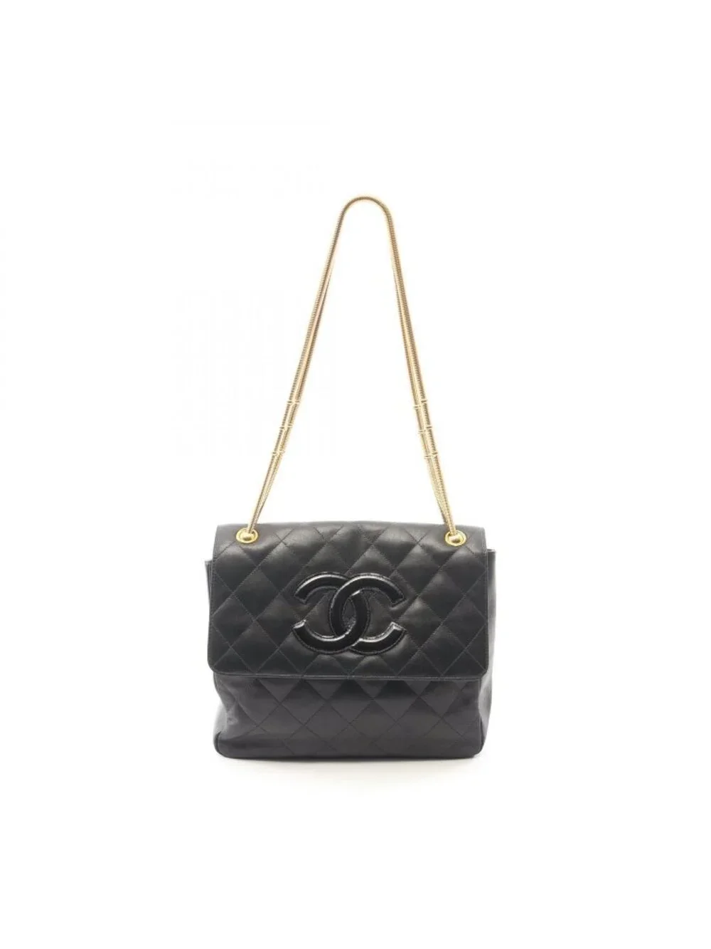 Chanel Shoulder Bag Quilted Black Lambskin CC Logo Snake Chain